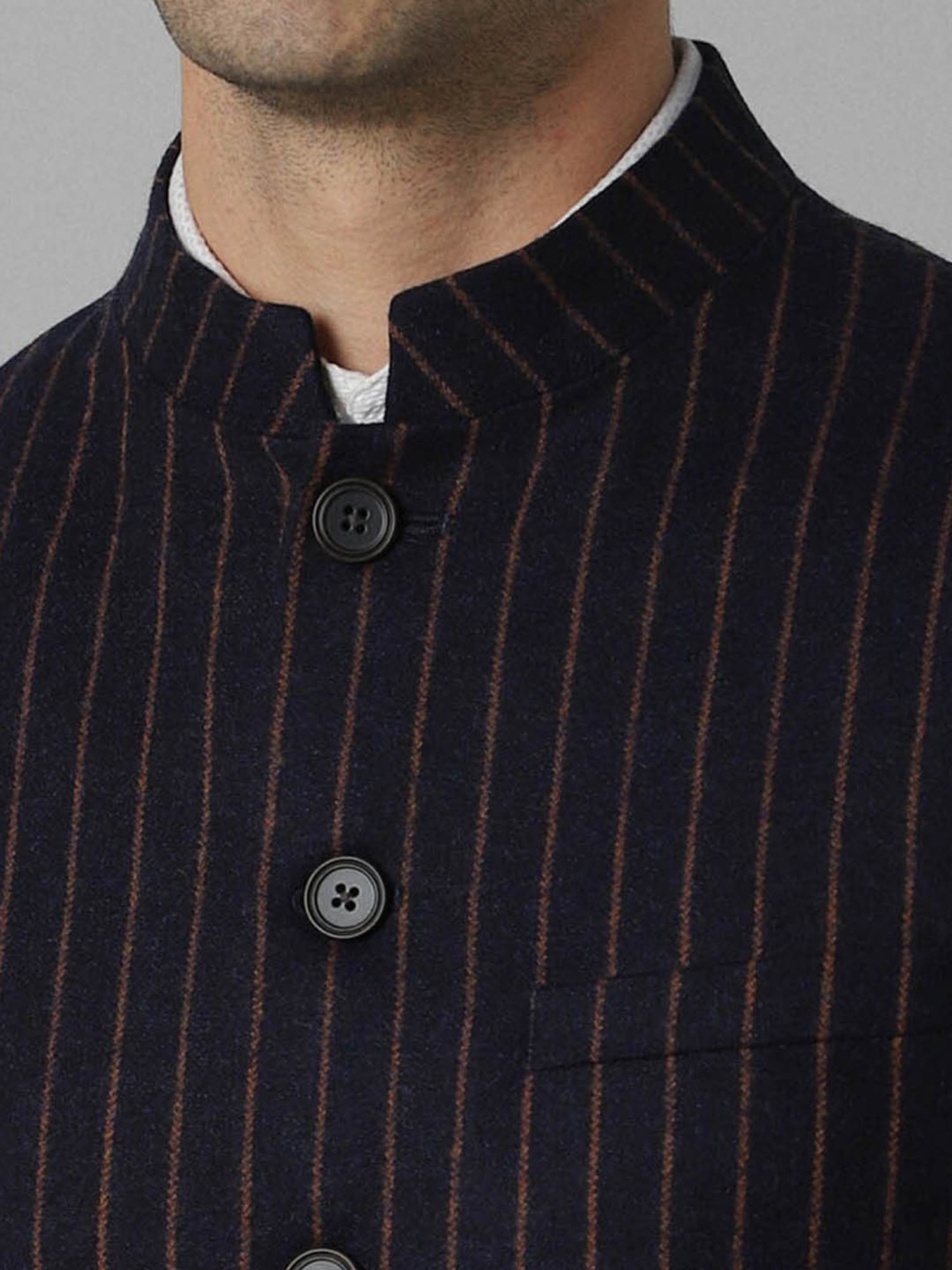 Louis Philippe Navy Slim Fit Striped Nehru Jacket