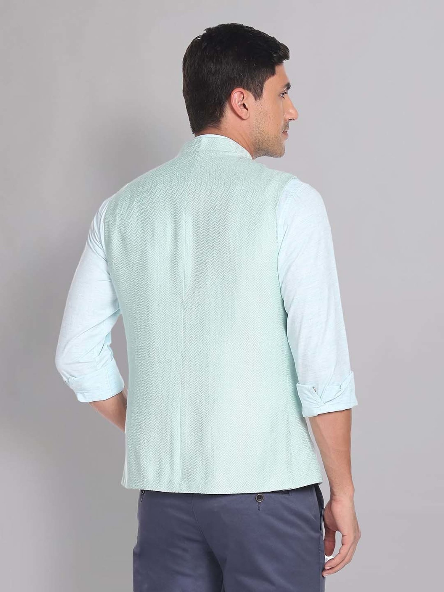 AD by Arvind Mint Green Mandarin Collar Self Design Nehru Jacket