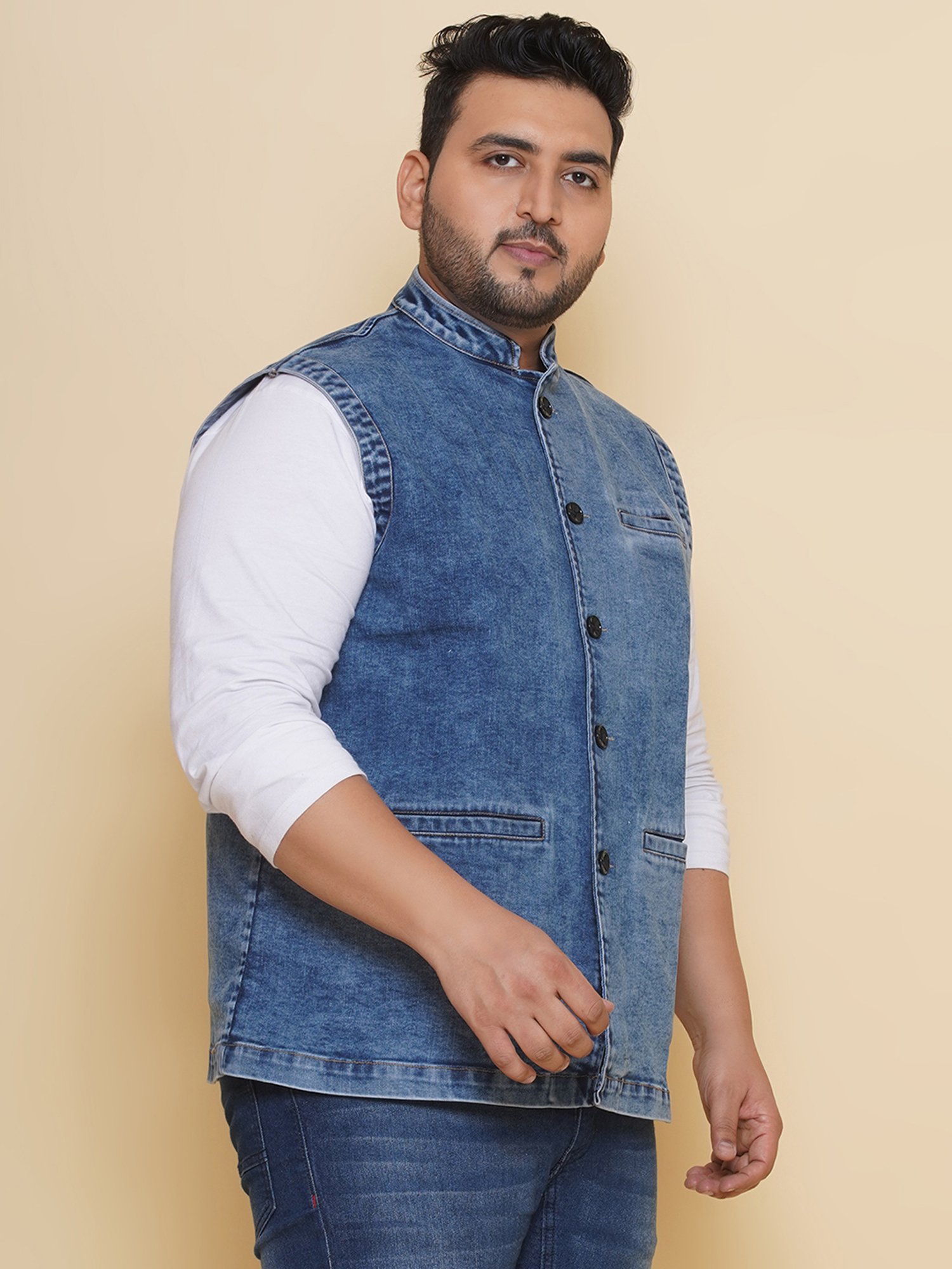 John Pride Light Blue Regular Fit Denim Nehru Jacket