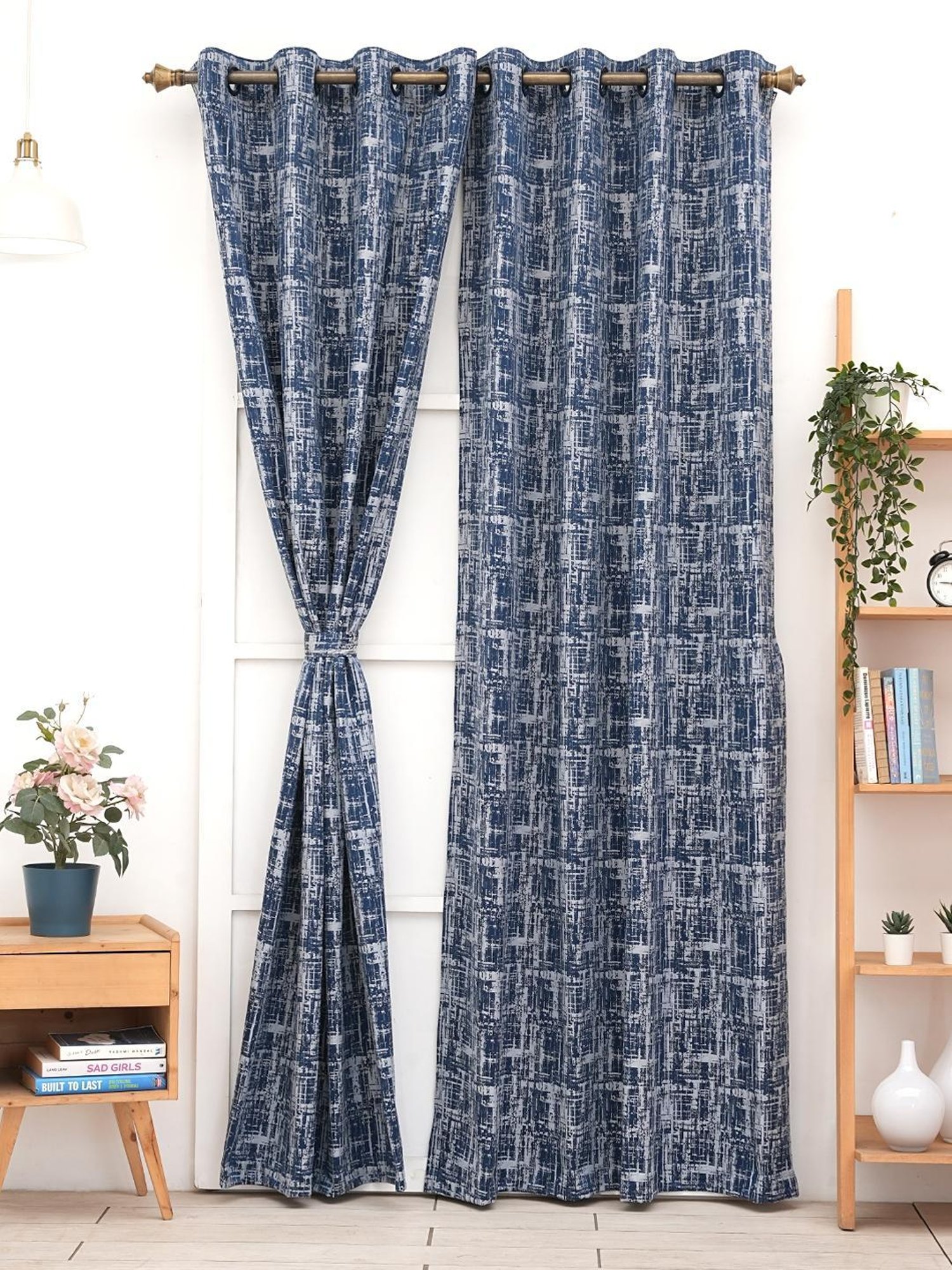 Ariana Firebell Textured Navy Blue Polyester 5 ft Window Curtain