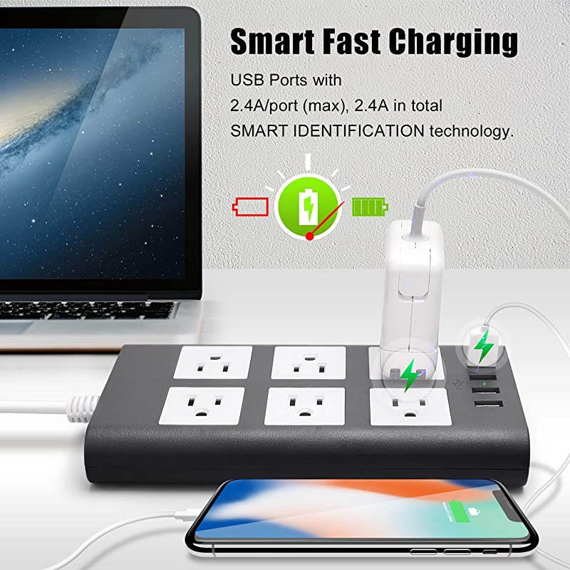 10ft 14AWG 15A Surge Protector Power Strip with USB  Heavy Duty Extension Cord Flat Plug 6Outlet 4 USB 24A Fast Charging 1080J for iPhone iPad Home Indoor Office Desktop Gray White