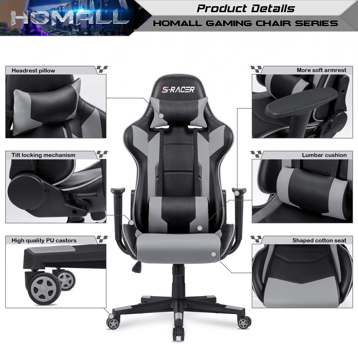 Homall Gaming Chair Office Chair High Back Computer Chair PU Leather Desk Chair Racing Executive Ergonomic Swivel Task Chair, Seat Height Adjustable, with Headrest and Lumbar Support (Blue)