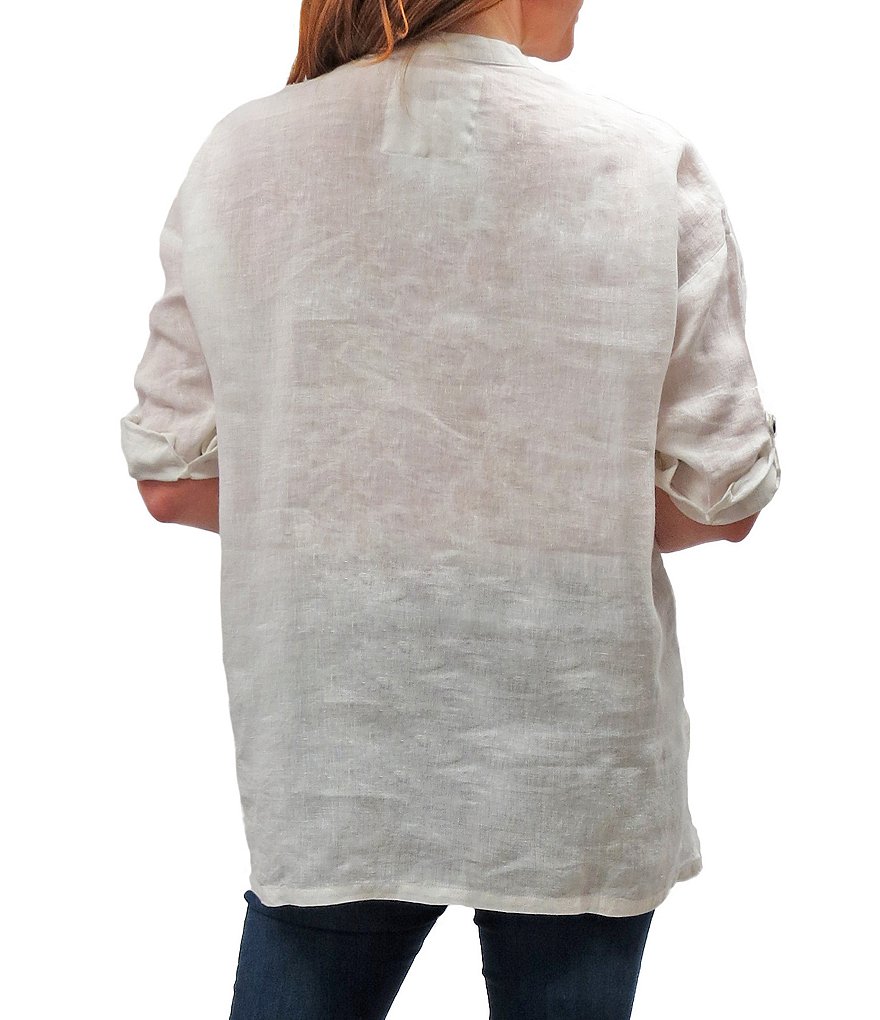 Karyn Seo Split V-Neck Linen 3/4 Sleeve Embroidered Tunic