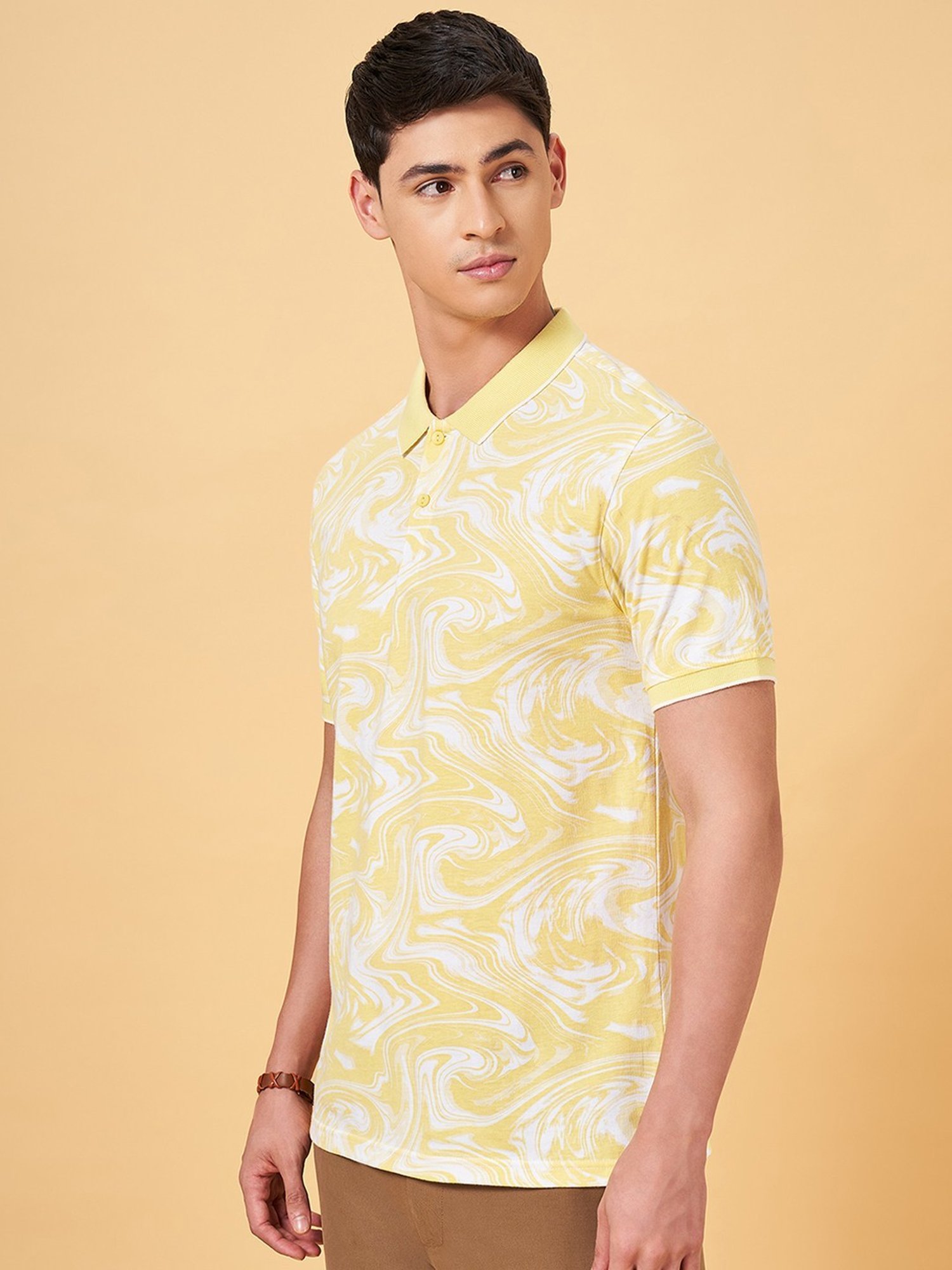 Byford By Pantaloons Yellow Slim Fit Printed Polo T-Shirt