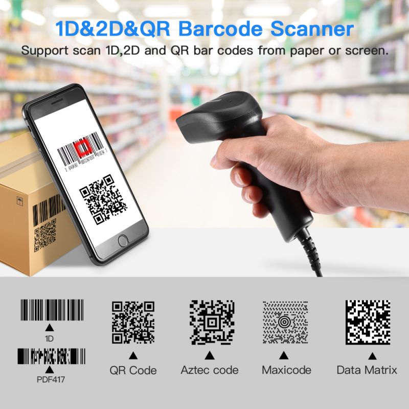 Eyoyo 1D 2D QR Handheld Wired Barcode Scanner, CCD PDF417 Data Matrix Bar Code Reader with USB cable to for Computer, PC, Laptop, Desktop Support windows xp/7/8/10, Mac OS, Linux System
