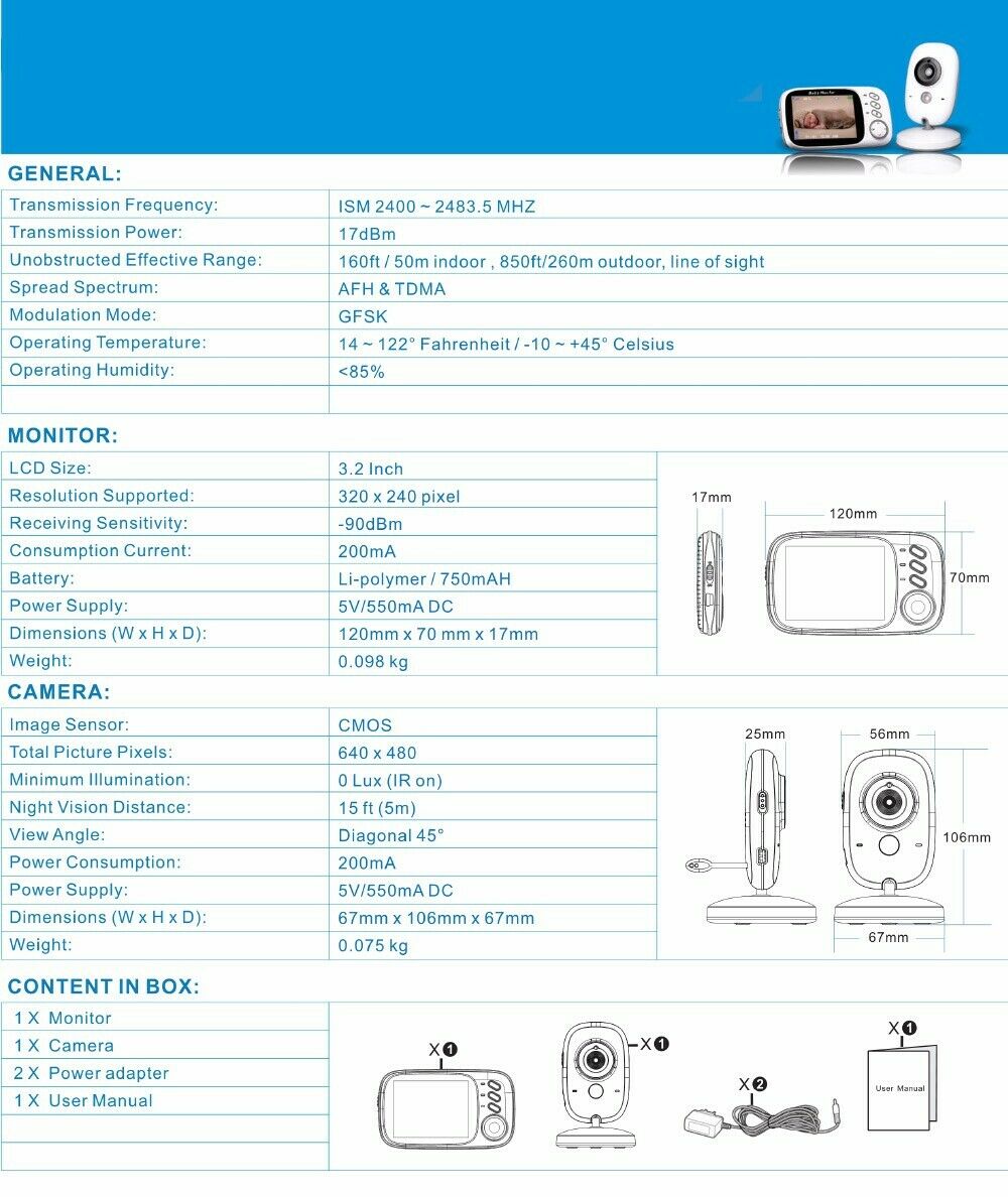 3.2? LCD Baby Monitor Wireless Digital Video Night Vision Temperature Sensor