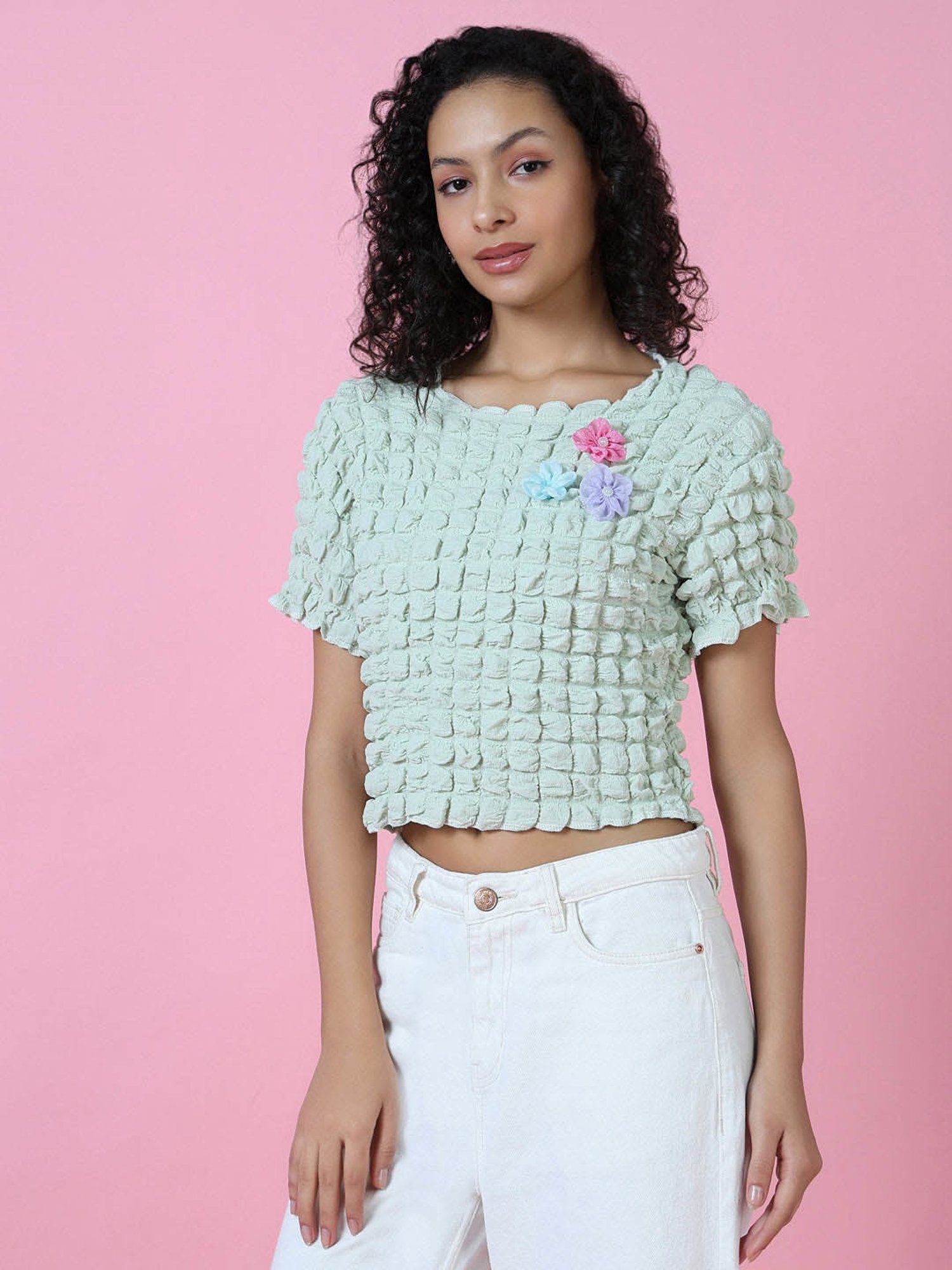 SHOWOFF Sea Green Regular Fit Crop Top