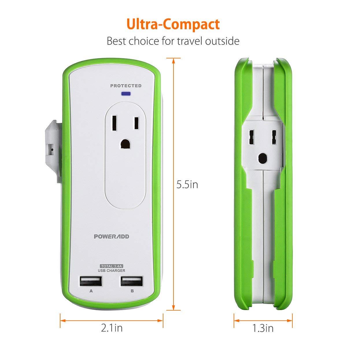 Poweradd 2-Outlet Mini Portable Travel Surge Protector with Dual 3.4A Smart USB Ports, Wrapped Cord Design - UL Listed