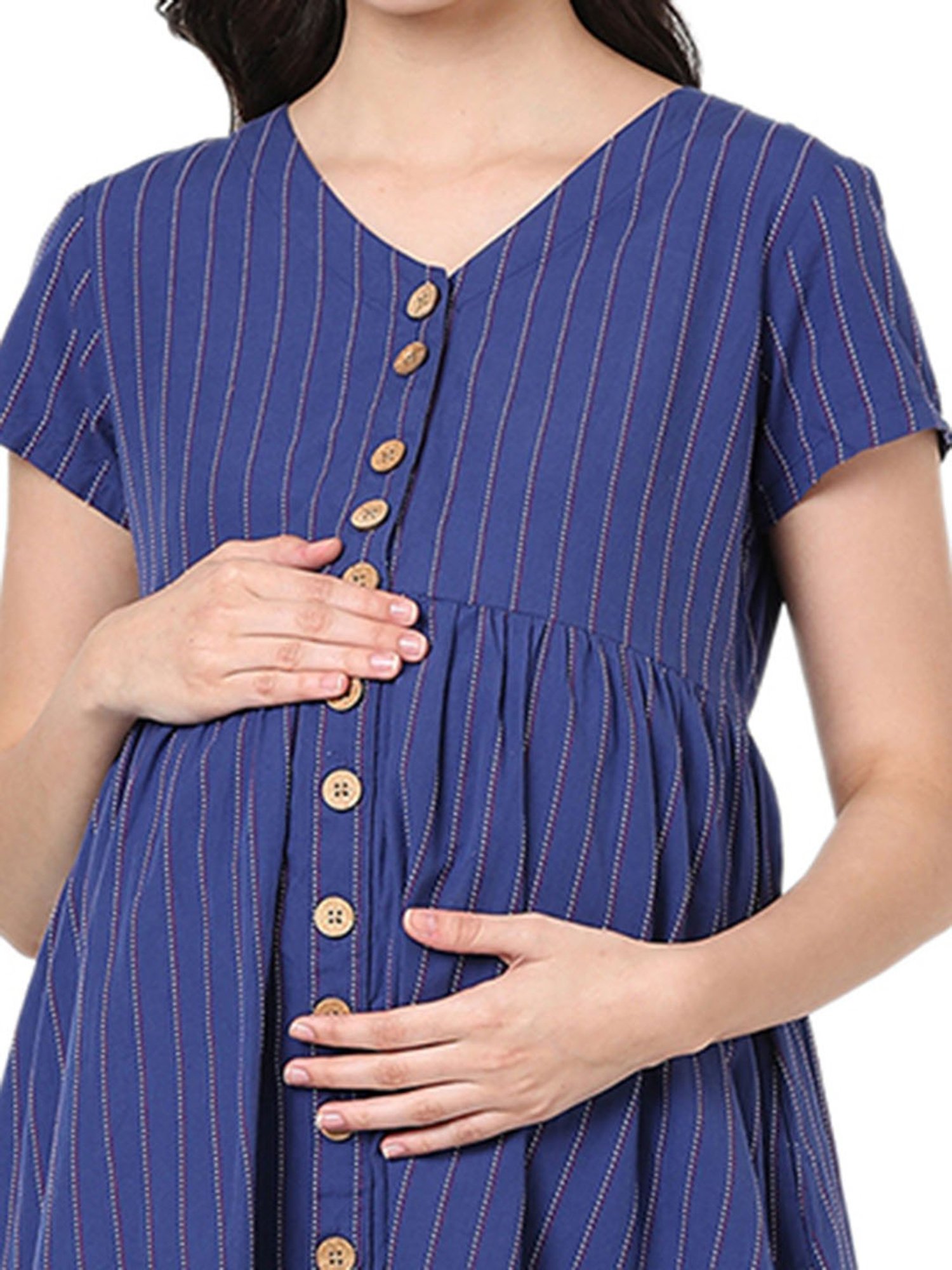 Mystere Paris Navy Striped Maternity Dress