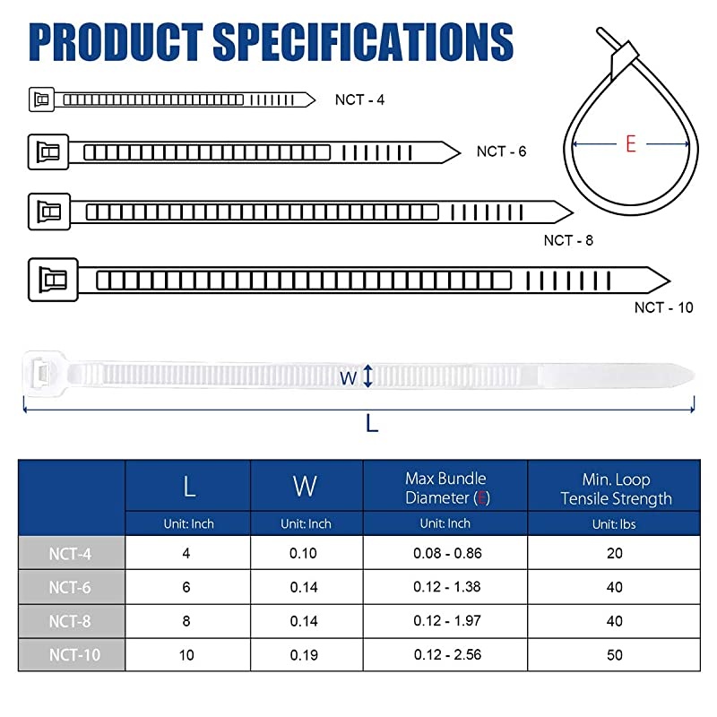 Zip Ties 8 Inch 500Pcs Industrial Nylon Zip Ties | Durable Self Locking Wire Tie Wraps with 40 lbs Tensile Strength UV Heat Resistant for Home Office Garage Multiple Use White