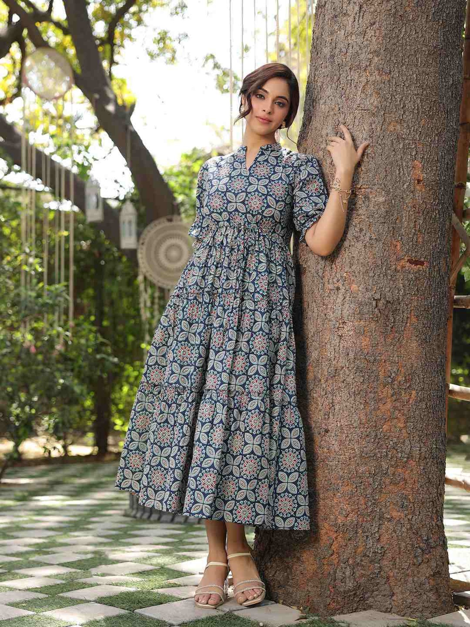 Rain and Rainbow Blue Cotton Printed A-Line Dress