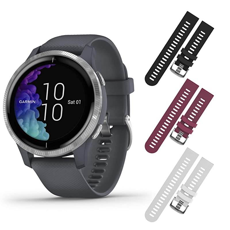 Garmin Venu GPS Smartwatch with AMOLED Display and Included  3 Straps Bundle (Granite Blue/Silver, Black/Berry/White)