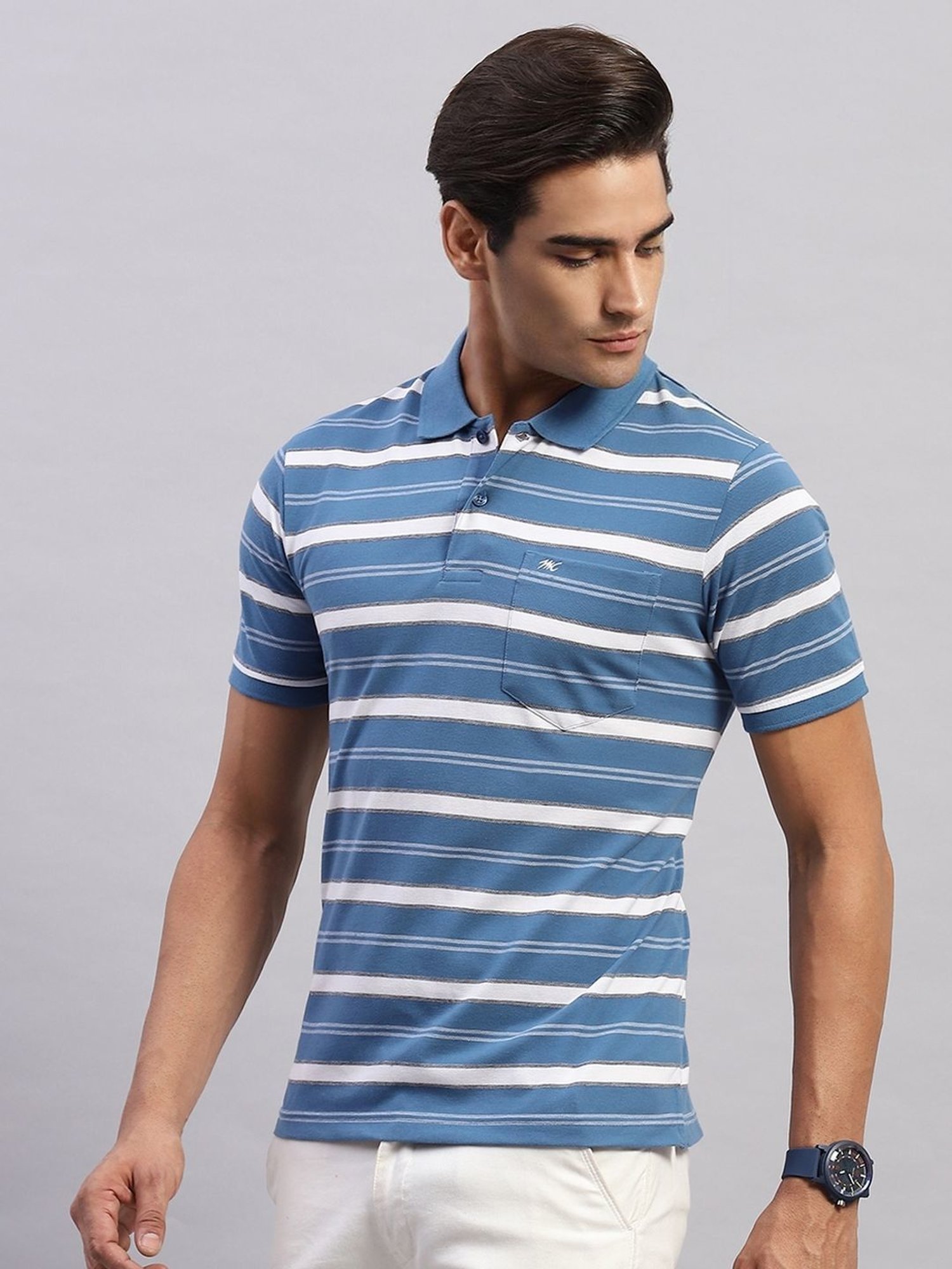 Monte Carlo Blue Regular Fit Striped Polo T-Shirt