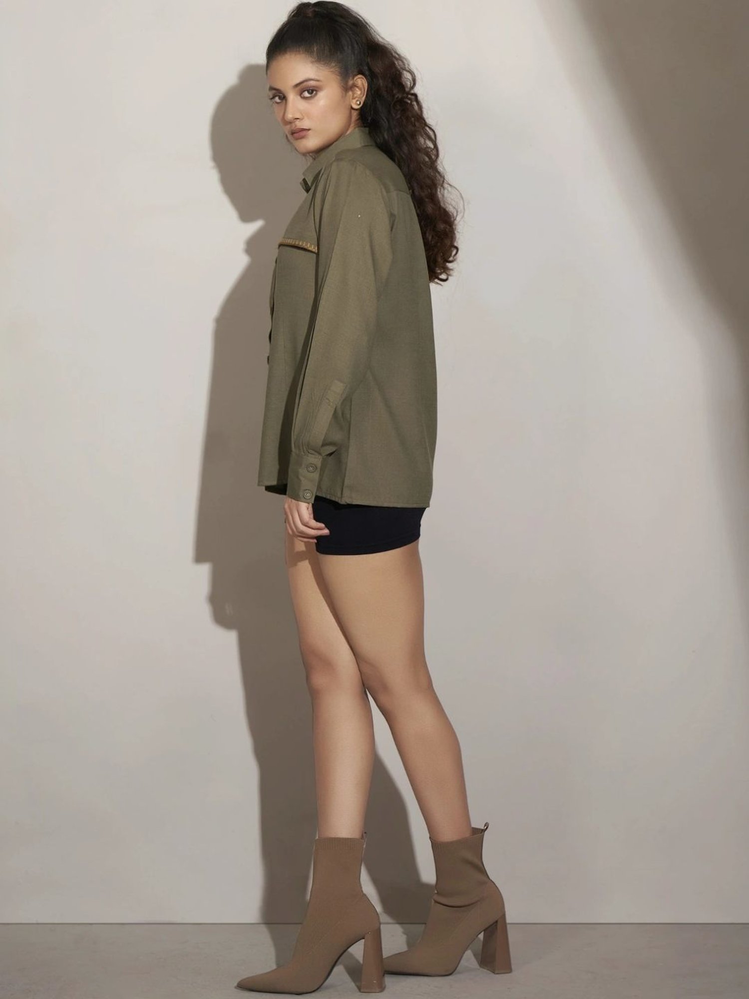 Kaftanize Green Linen Fornt Panel Shirt with Thread Work Embroidery