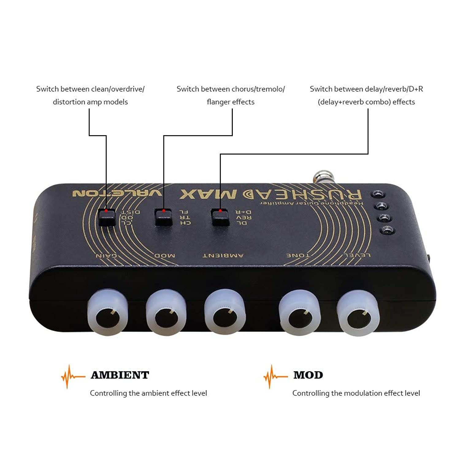 Valeton Rushead Max USB Chargable Portable Pocket Guitar Bass Headphone Amp Carry-On Bedroom Plug-In Multi-Effects