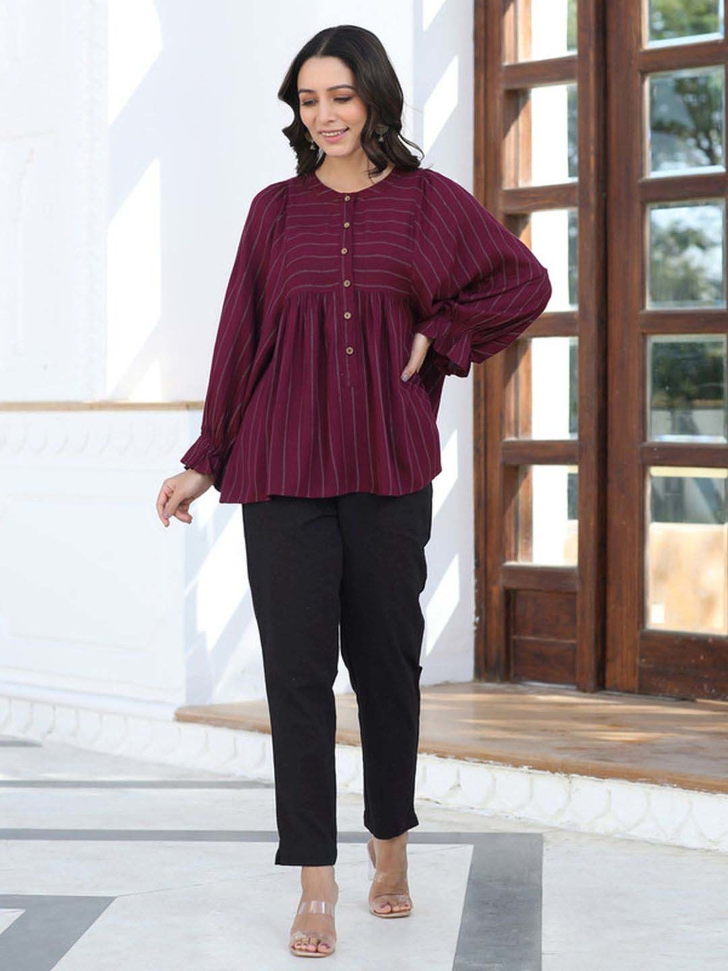Jaipur Kurti Maroon Striped Tunic