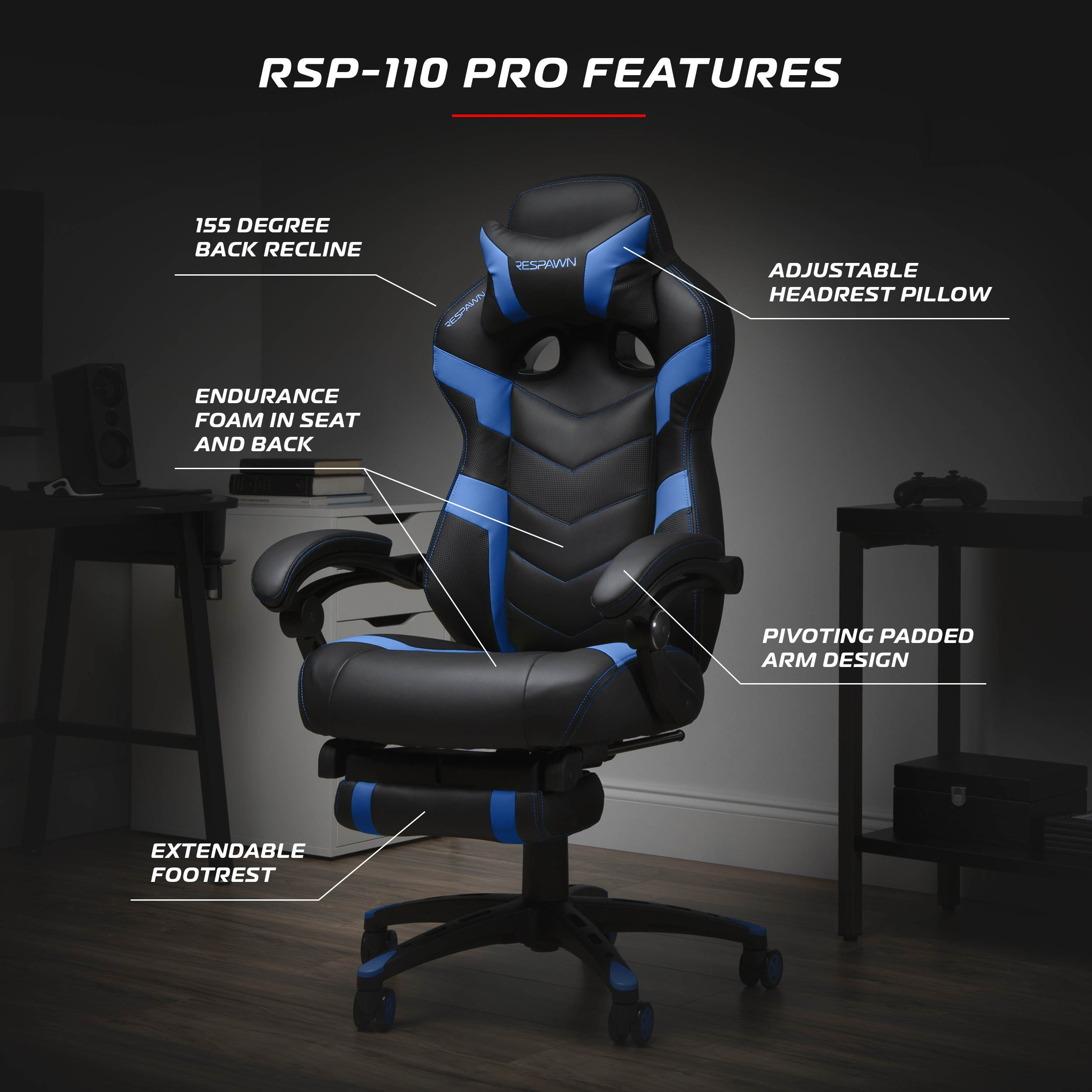 RESPAWN 110 Pro Racing Style Gaming Chair, Reclining Ergonomic Chair with Built-in Footrest, in Blue (RSP-110V2-BLU)