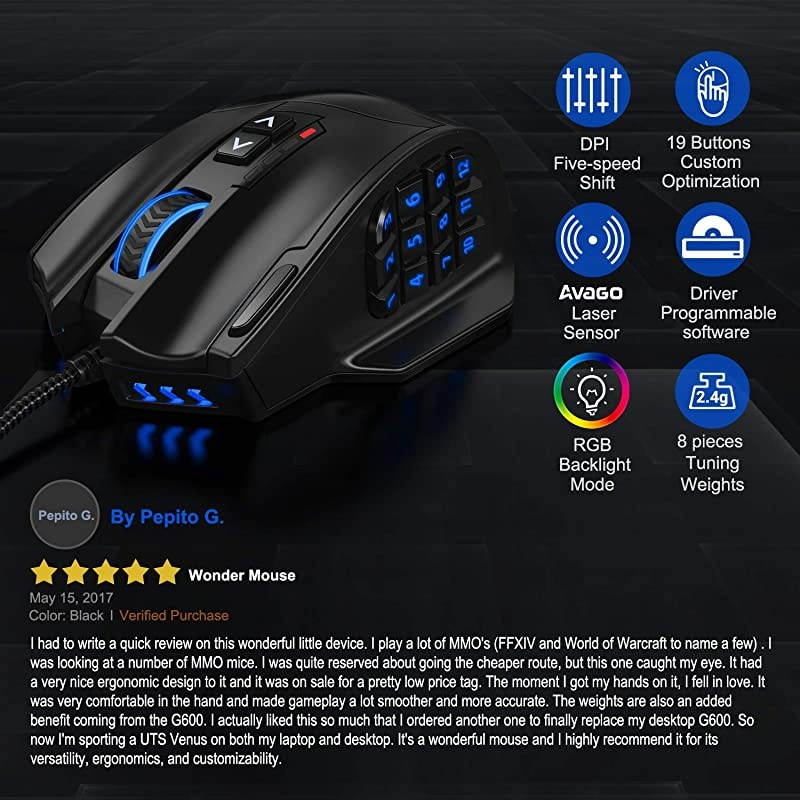 Venus Gaming Mouse RGB Wired 16400 DPI High Precision Laser Programmable MMO Computer Gaming Mice IGNs Recommendation