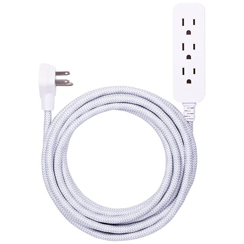 Designer Extension Cord with Sur Protection Braided Power Cord 15 ft 3 Grounded Outlets Flat Plug Premium WhiteGrey 40530