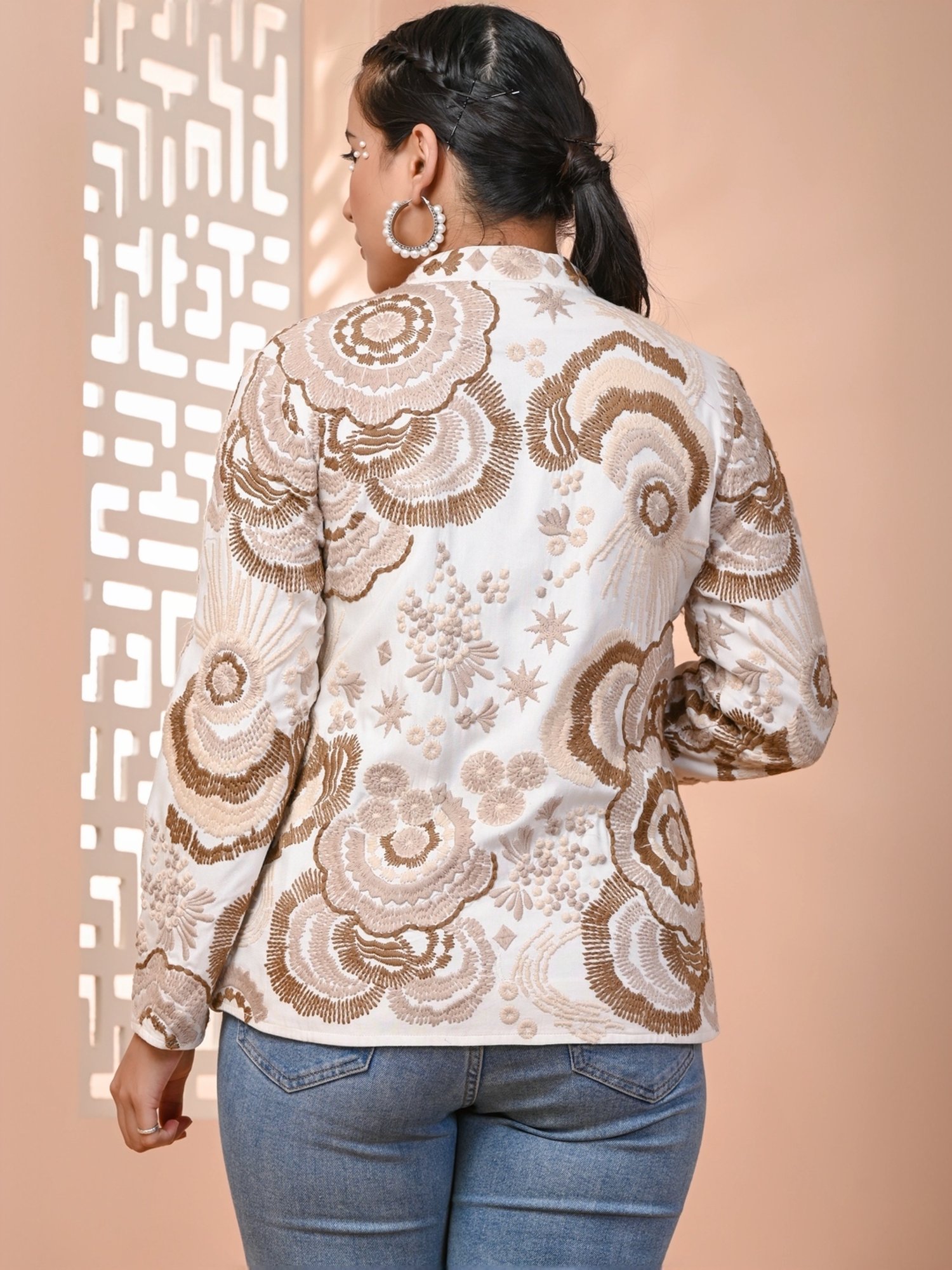 Zolo Label Off-White Cotton Embroidered Jacket