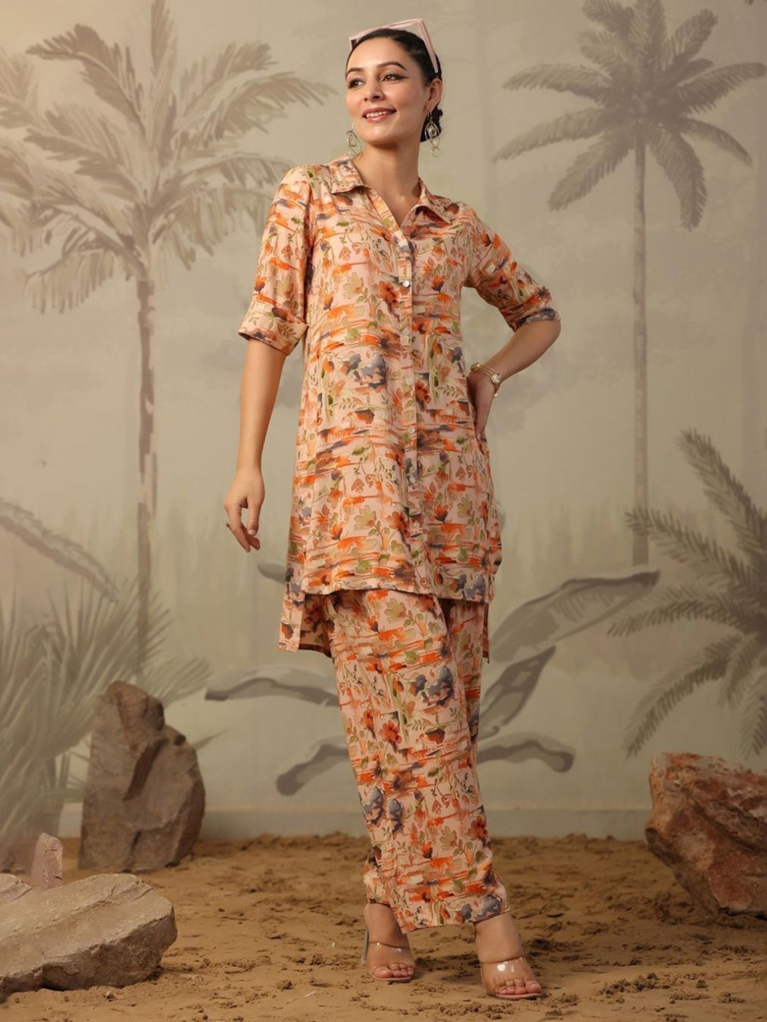 Artagai Beige Co-Ord Set with Notch Collar Kurta and Straight Pants