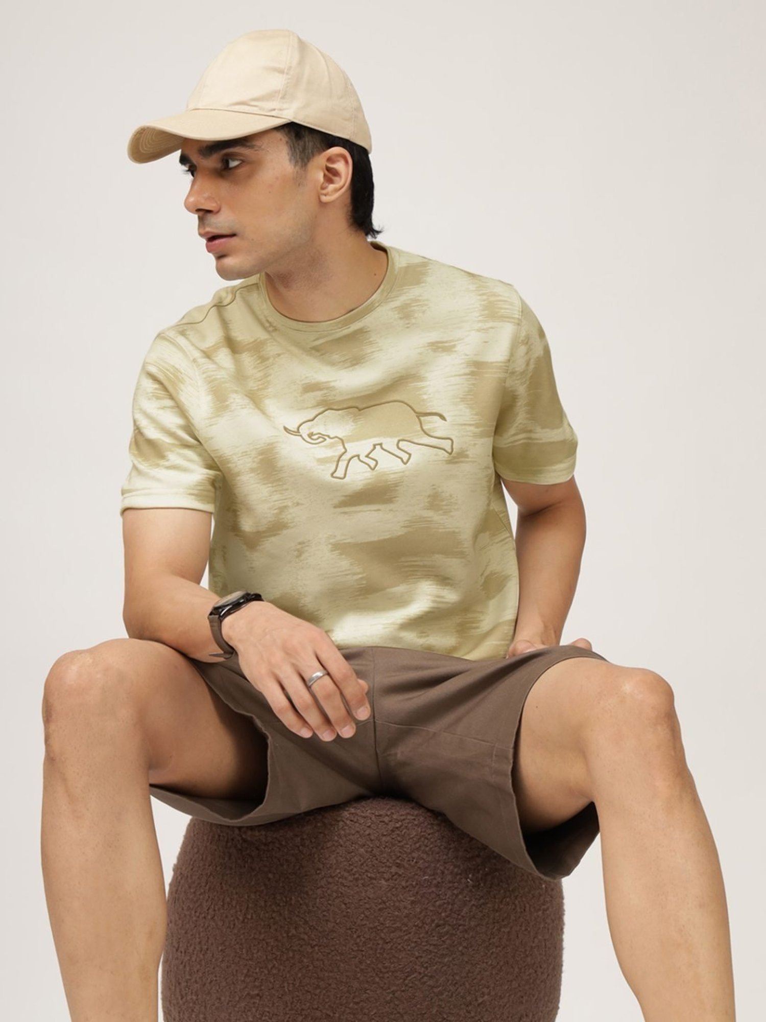 Andamen Khaki Cotton Regular Fit Printed T-Shirt