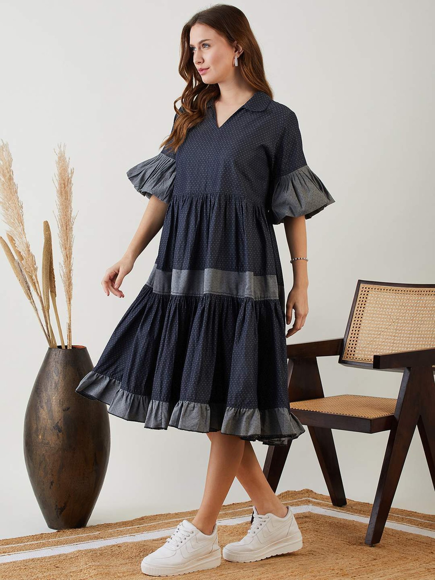 The Kaftan Company Navy Cotton Self Pattern A-Line Dress