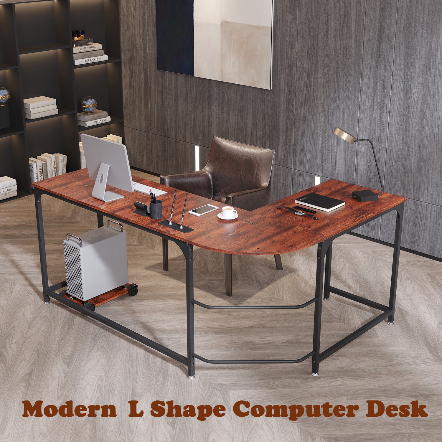 66'' L-shaped Desk Home Office Desk Computer Desk Gaming Desk Large Workstation with CPU Stand and Steel Structure