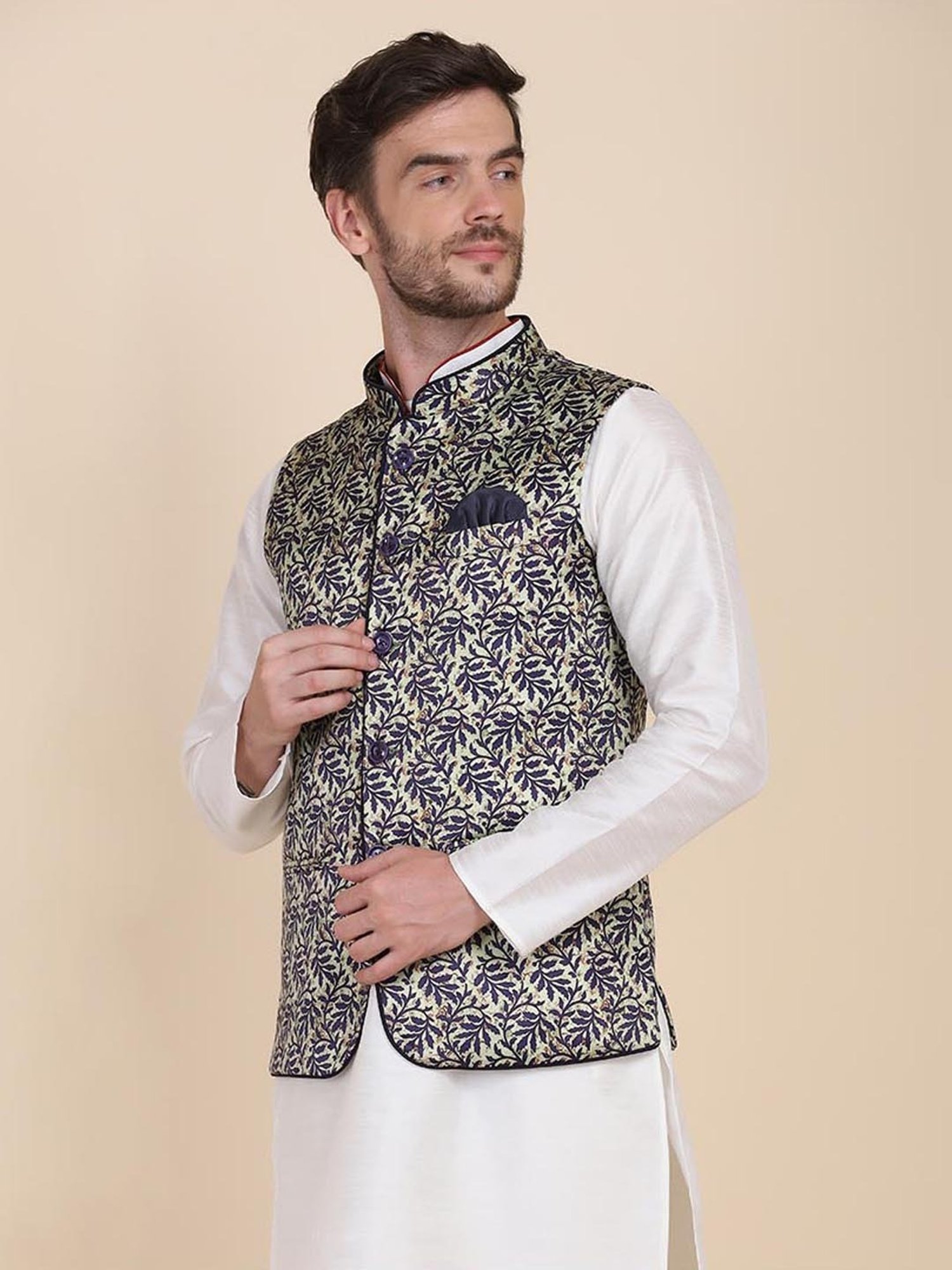 TAHVO Green & Blue Satin Slim Fit Printed Nehru Jacket