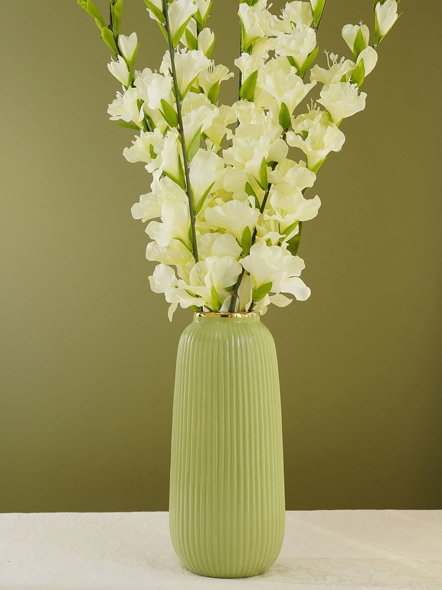 Pure Home and Living Light Green Ceramic Ribbed Vase