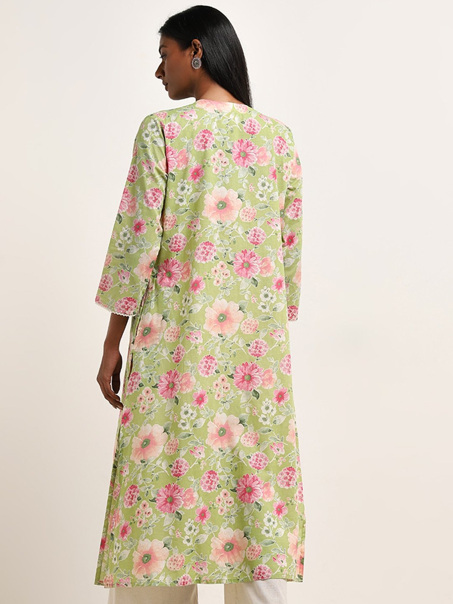Utsa by Westside Green Floral Printed A-Line Cotton Kurta