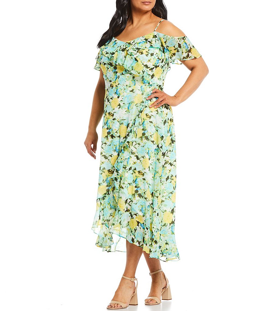 London Times Plus Size V-Neck Floral Ruffle Cold Shoulder Short Sleeve Midi Dress
