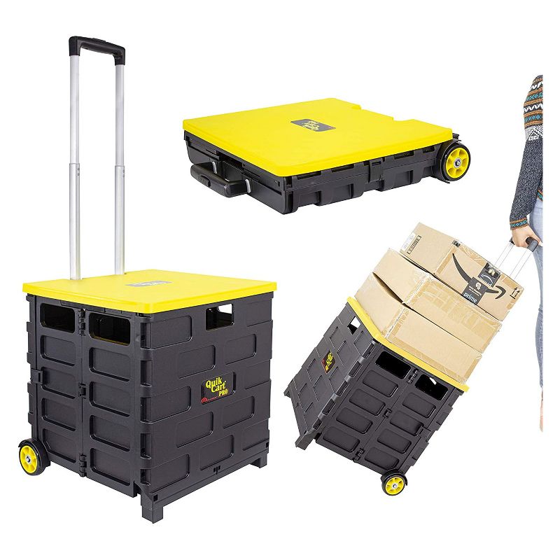 dbest products Quik Cart Pro 2 Wheeled Collapsible Handcart Dolly Storage Grocery Shopping Utility Cart with Lid, Seat, and Stool Functions, Yellow