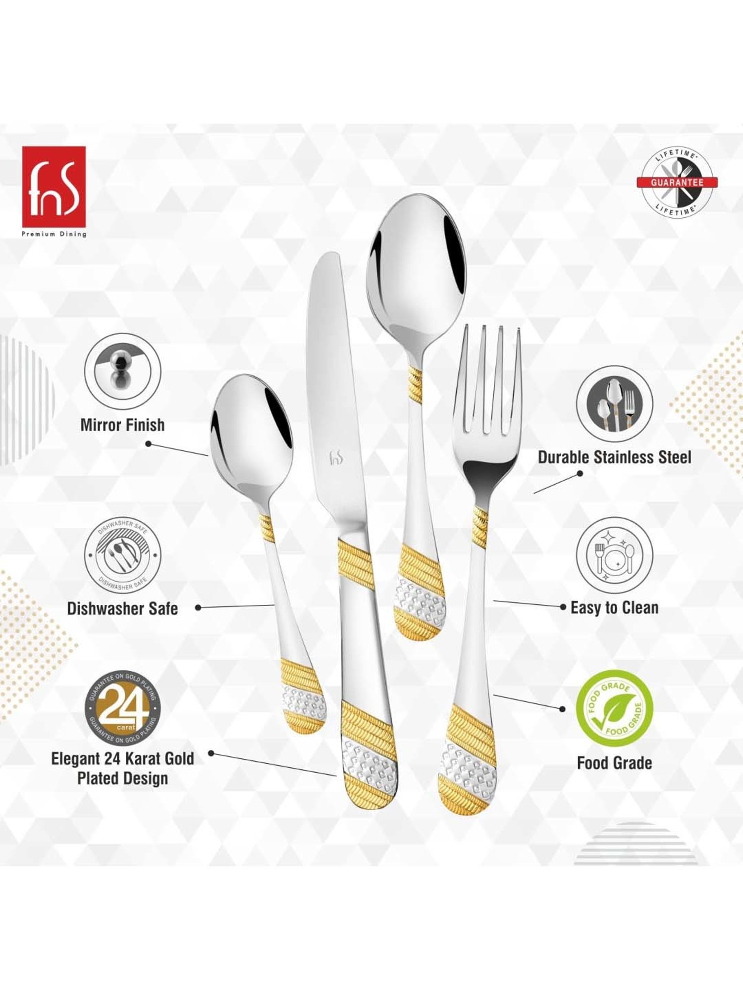 FnS Imperio Silver & Gold Stainless Steel Cutlery - Set of 34