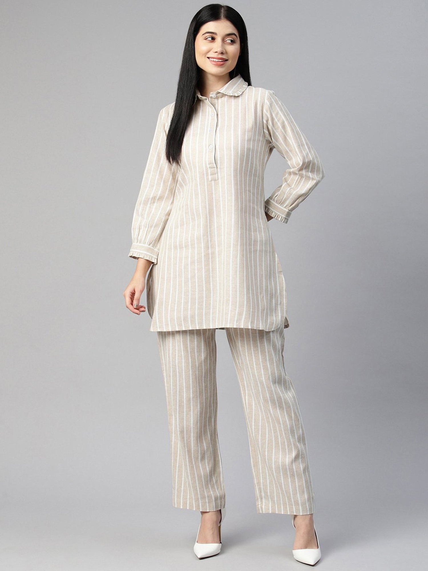 Cottinfab Beige Cotton Striped Co-Ord Set