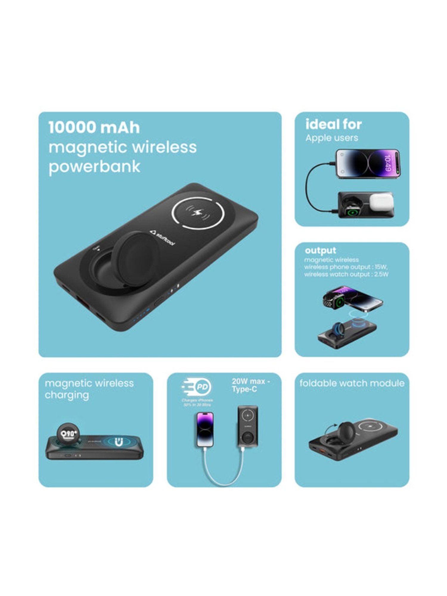 Stuffcool Monde 10000mAh Magnetic Wireless Power Bank with Apple Watch Charging (Black)