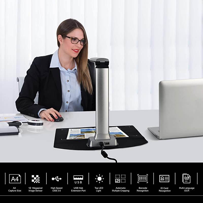 Book Document Scanner Camera, Portable Automatic Scanning Auto Focus 12MP High Definition Camera Capture A4 Size,Multi-Language OCR Convert Images to Word/Excel/PDF/TXT,Powerful Software