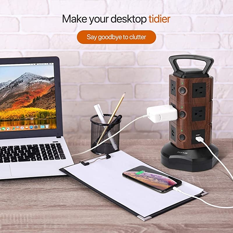 Power Strip Tower Surge Protector with 6.5ft Extension Cord 4 USB Ports and 10 AC Outlets Electric Charging Station for Home Office Dorm Desktop Computer Walnut and Black
