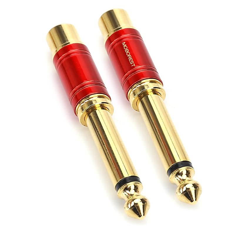1/4 in to RCA Female Pure Copper Adapter, 6.35mm Mono TS Plug Male 1/4 inch to RCA Female Stereo Interconnect Audio Adapter, (Red-2Pack)