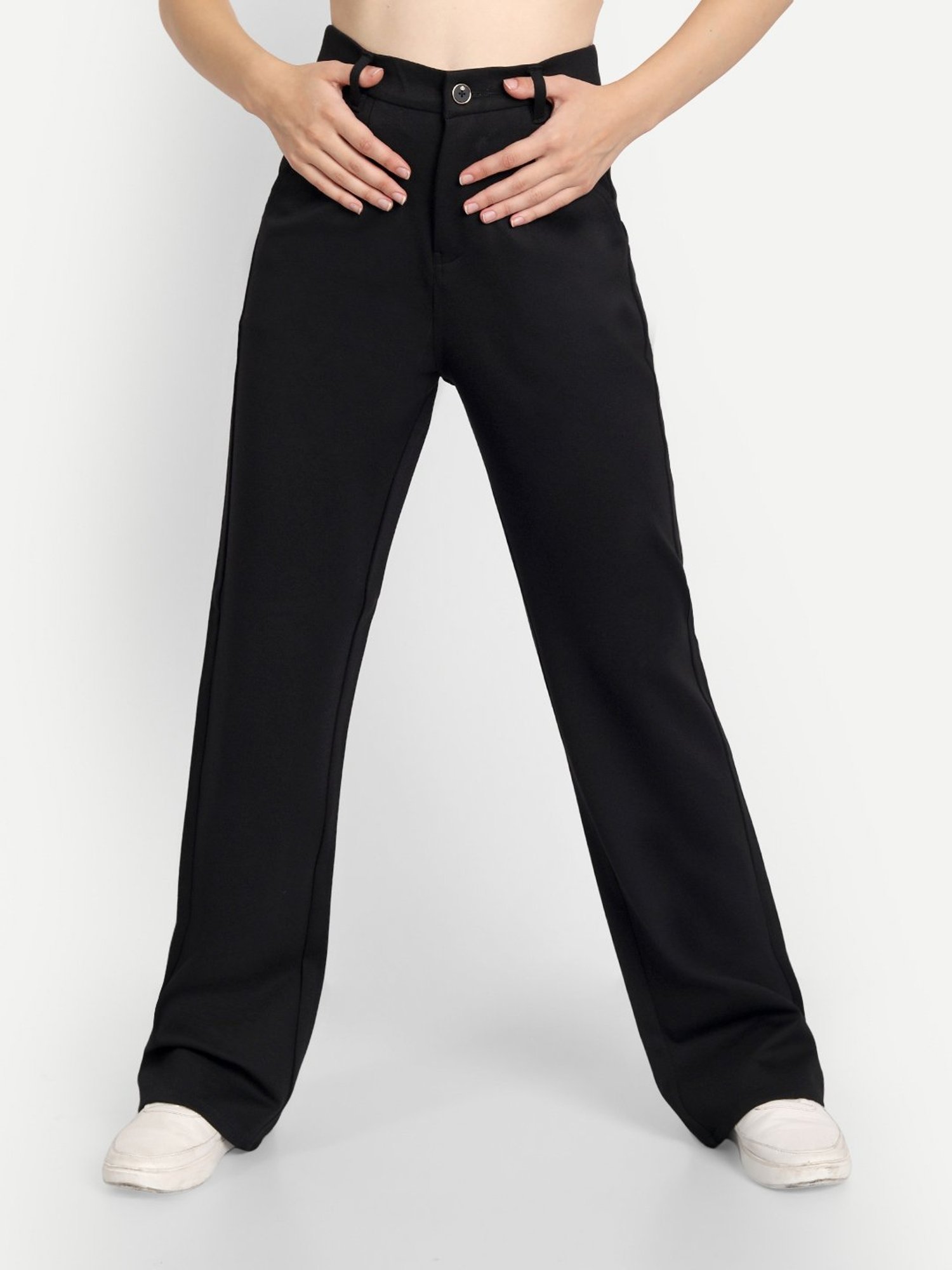 Broadstar Black Relaxed Fit High Rise Stretchable Trousers