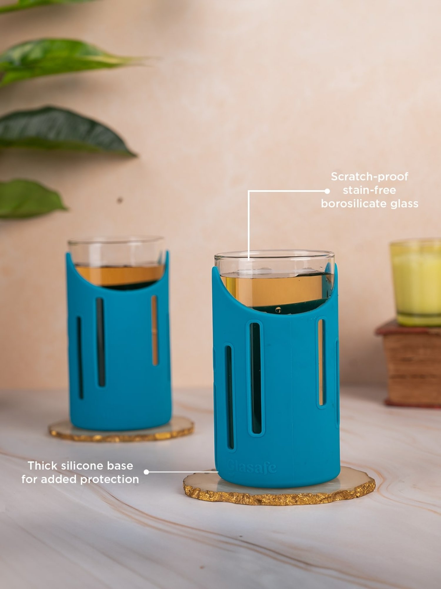 Glasafe Tranquil Teal Borosilicate Bottle with 4 Drinking Glasses