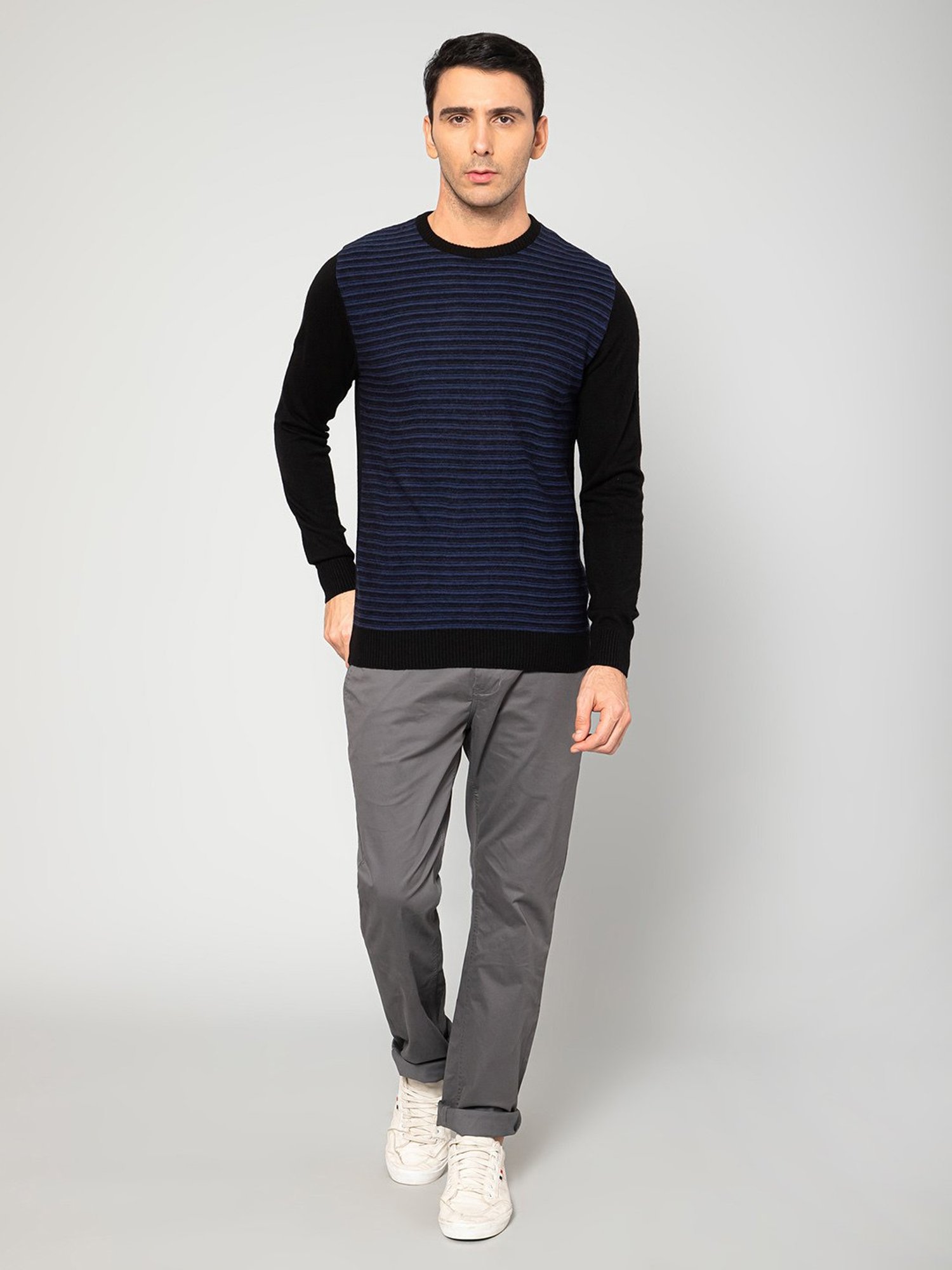 Cantabil Black Regular Fit Striped Sweater