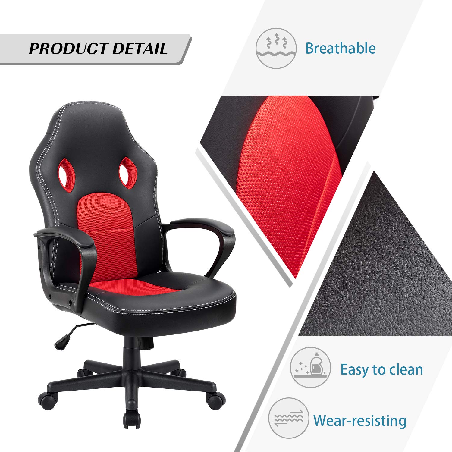 Furmax Office Desk Leather Gaming, High Back Ergonomic Adjustable Racing Task Swivel Executive Computer Chair Headrest and Lumbar Support (Black)