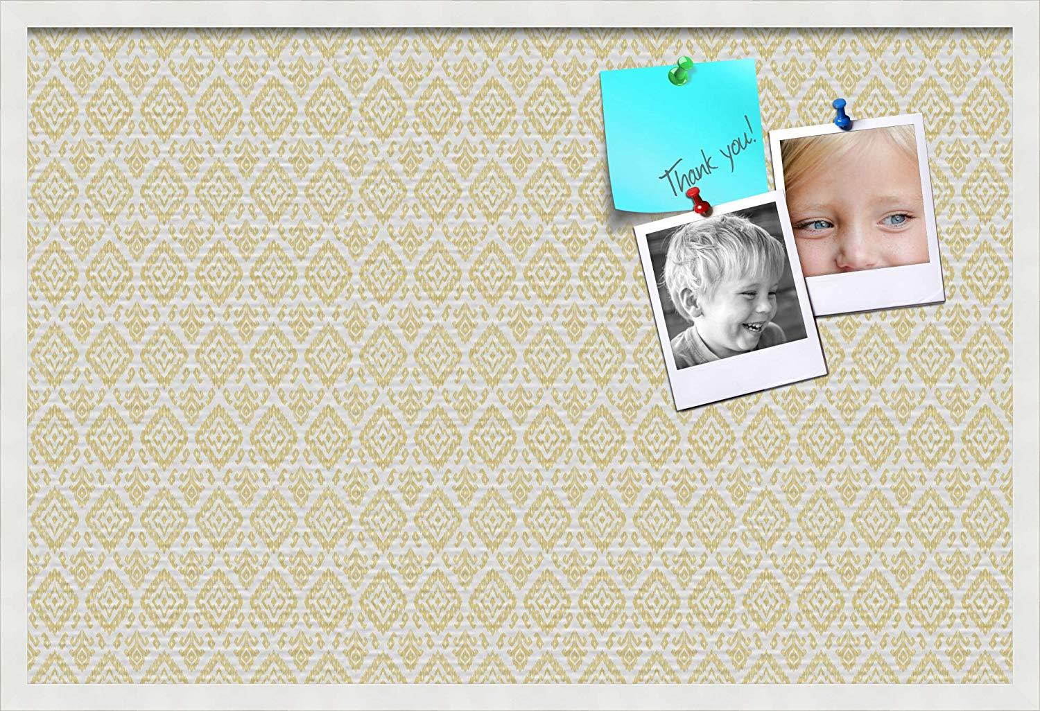 PinPix pin Cork Bulletin Board Made from Canvas, Ikat Vintage Gold 36x24 Inches 2 x 3 ft and Framed in Satin White Frame (PinPix-1598-36x24_FRBW26074)