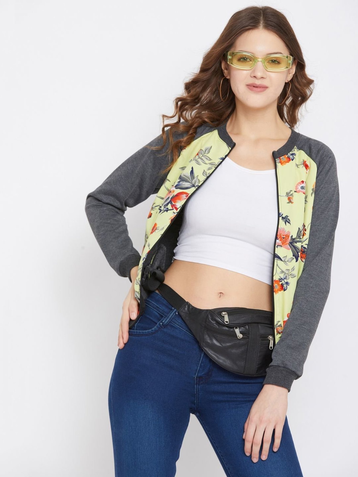 PURYS Grey & Yellow Floral Print Jacket