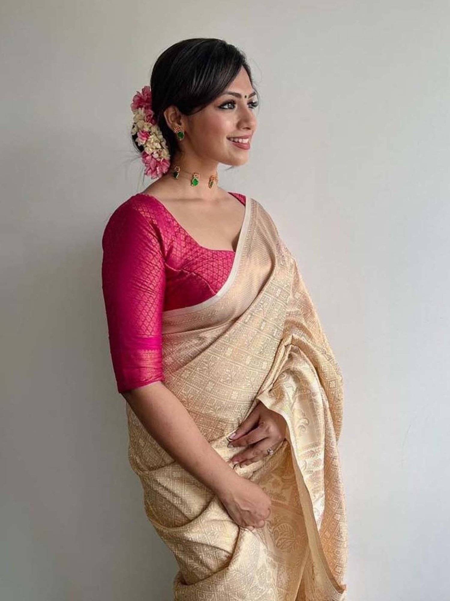 SHUBHKALA Beige Silk Woven Saree With Unstitched Blouse