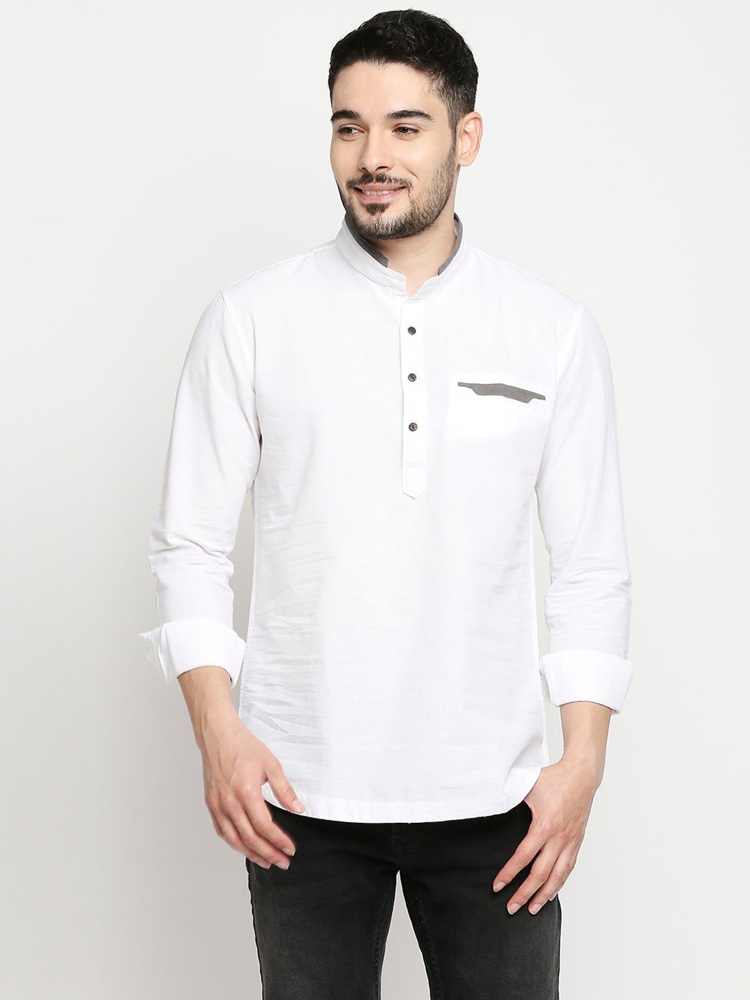 Spykar White Slim Fit Mandarin Collar Short Kurta