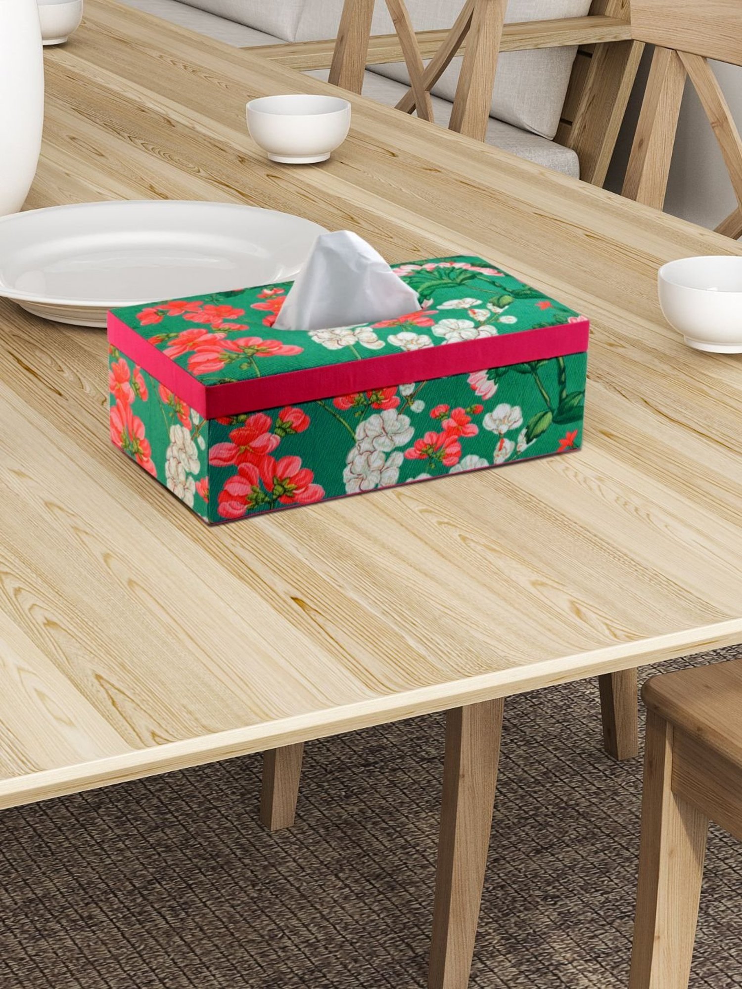 SEJ by Nisha Gupta Green Wooden Tissue Paper Box Holder - Set of 1