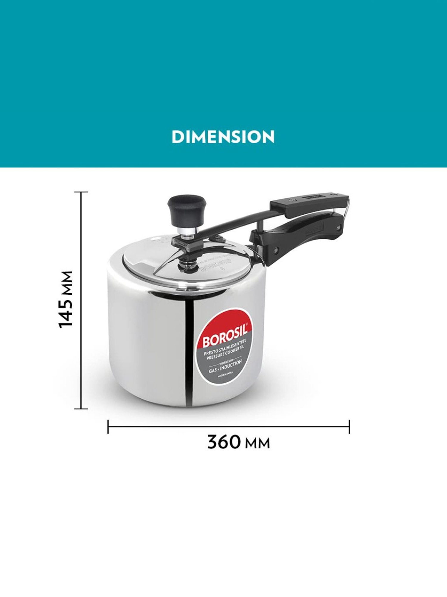 Borosil Presto Pressure Cooker with Induction Base Stainless Steel Inner Lid (Silver,3L)