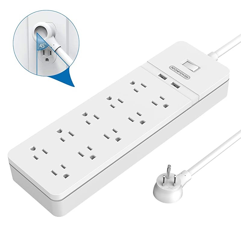 Protector Power Strip NTONPOWER 10 Outlets Power Strip with 2 USB Ports Power Strip Flat Plug 5ft HeavyDuty Extension Cord 15A Circuit Breaker Wall Mount for Home and Office White